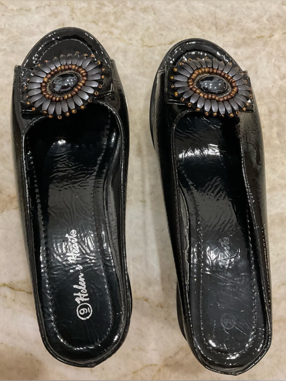 Helen Heart, Black Patent Slip-On Flats with Decorative Medallion, size 9, New